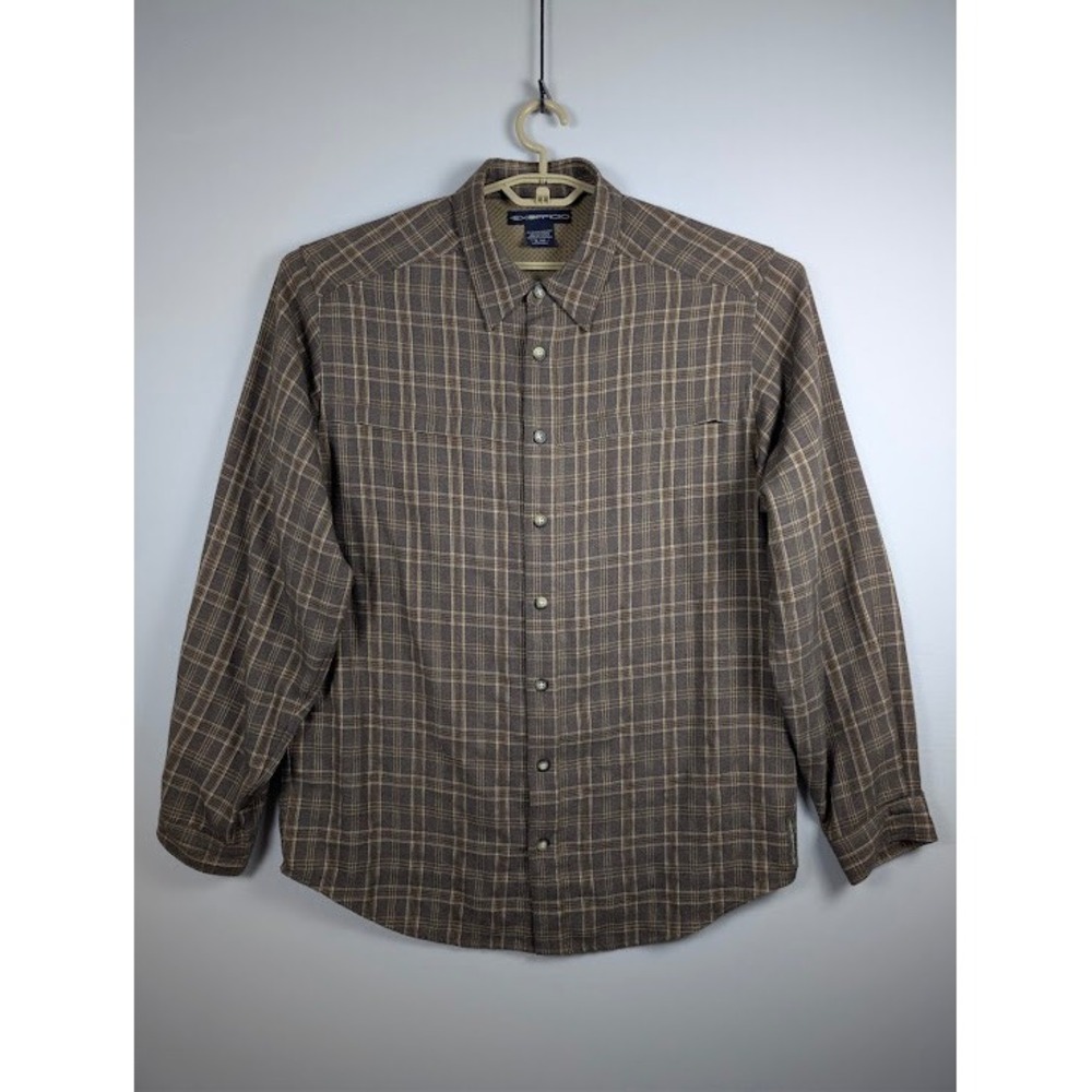 ExOfficio Plaid Button Down Shirt Mens XL Brown Long Sleeve Zip Pockets EUC